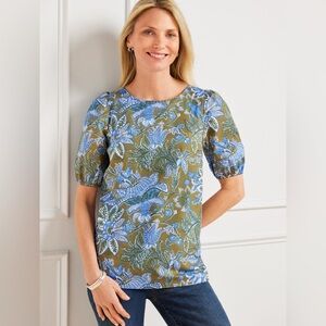 Talbots Tie Back Short Sleeve Top Women's Large Lively Floral Preppy Garden Puff